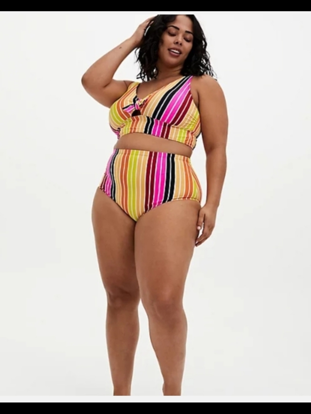 Torrid Multi Stripe Tie Front Wireless Triangle Bikini Top & High Waist Bottom